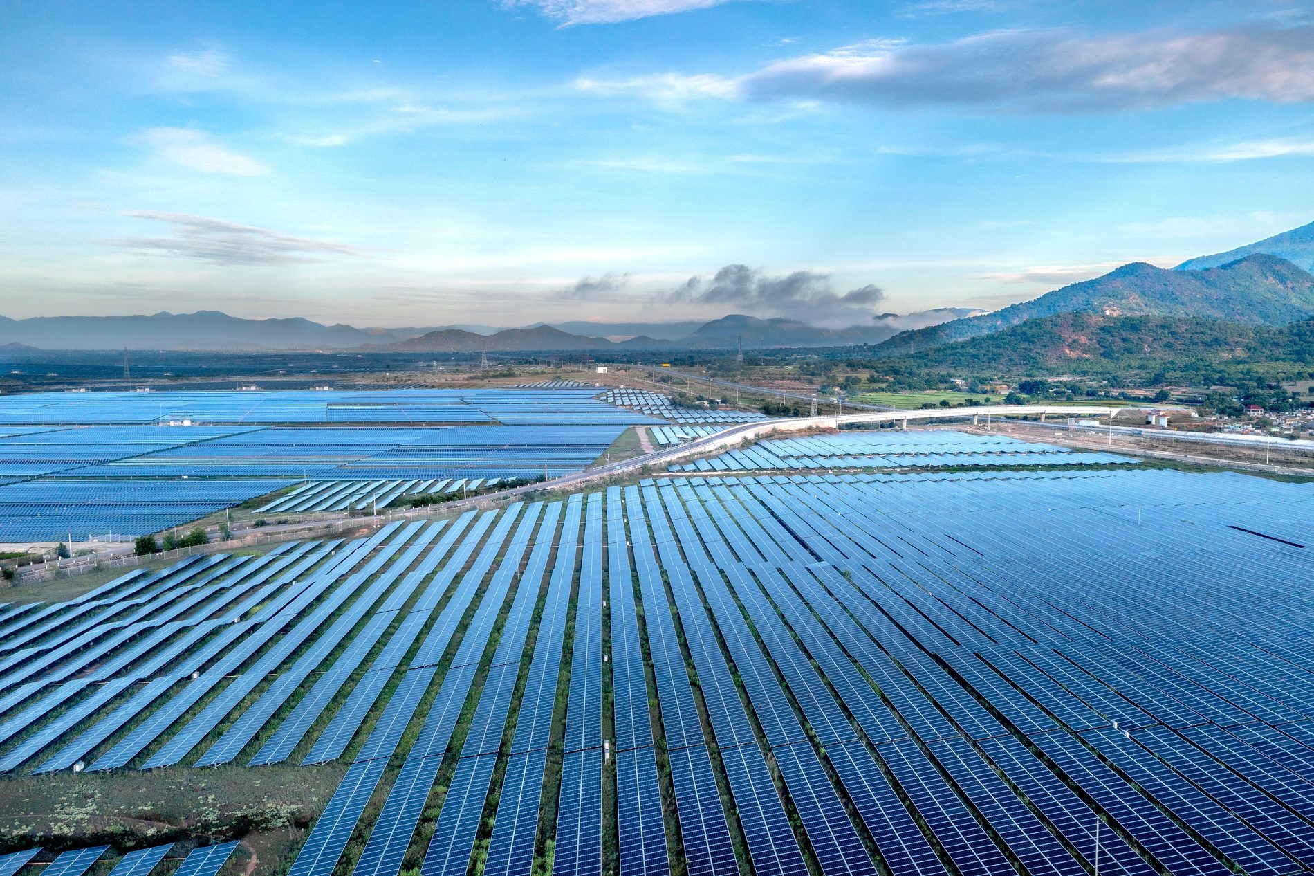 Utility-scale solar farm at dawn